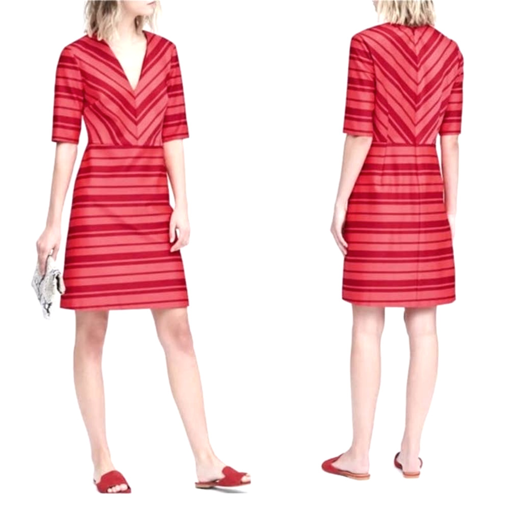 Banana Republic Red Striped V-Neck Short Sleeve Dress